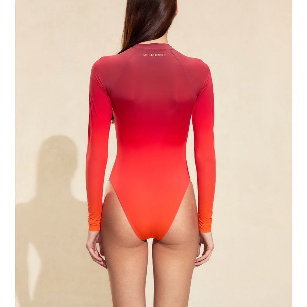 Cynthia Rowley Long-Sleeve Gradient One-Piece Swimsuit — Coral to Red - Picture 2 of 5